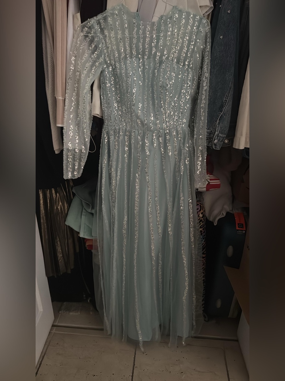 Sequin Stripe Tulle Long-Sleeve Wedding Dress in Pale Blue